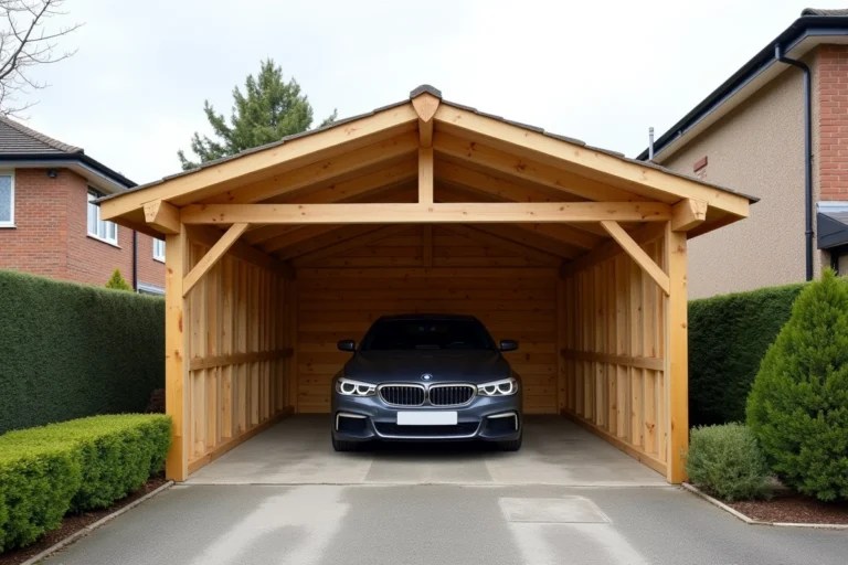 Abri voiture en bois naturel installé dans une allée résidentielle avec une berline garée en dessous