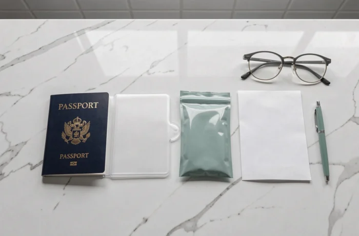 Pose à plat des accessoires pour ranger et protéger un passeport : étui rigide, pochette imperméable et enveloppe à documents