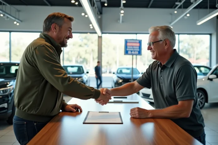 Acheteur et vendeur concluant l'achat d'une voiture d'occasion dans une concession automobile