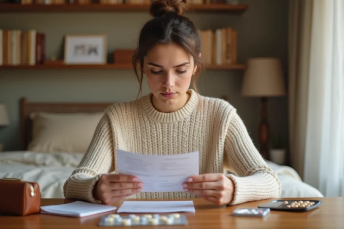 Jeune femme lisant une notice de médicament contraceptif à son bureau avec des produits de soin pour l'acné