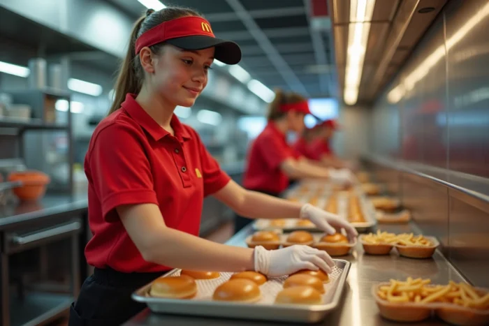 Adolescente de 16 ans préparant des commandes en cuisine dans un fast-food McDonald's