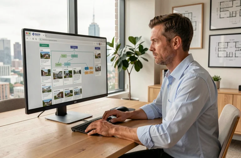 Agent immobilier analysant la structure d'un sitemap de site web immobilier sur son écran d'ordinateur