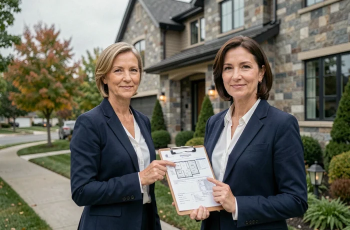 Agente immobilière professionnelle présentant une maison résidentielle contemporaine avec façade en pierre