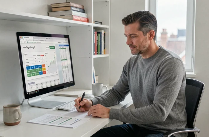 Homme analysant des données financières et des graphiques de simulation de prêt immobilier dans un bureau à domicile