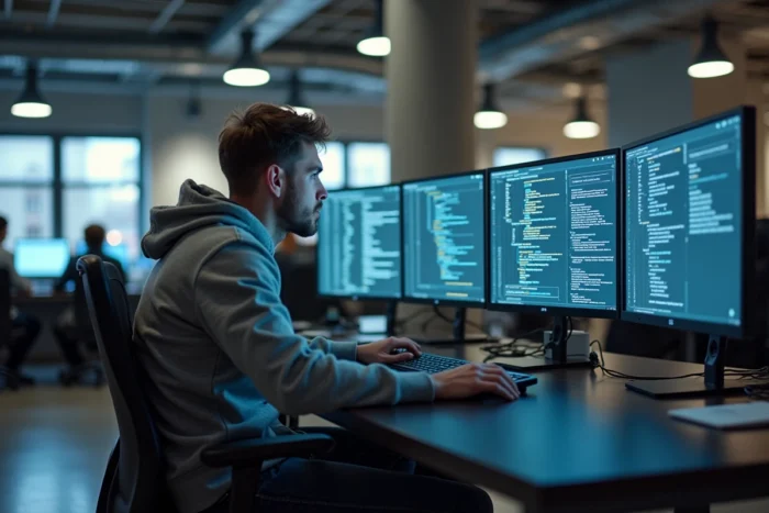Analyste en cybersécurité étudiant des données leaked sur plusieurs écrans dans un bureau technologique
