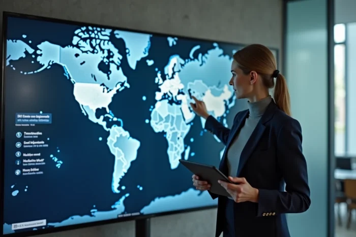 Analyste des médias décryptant des informations mondiales devant un écran interactif
