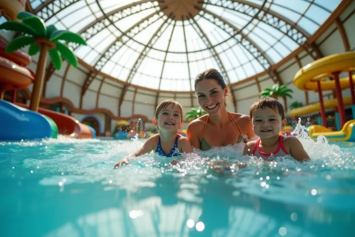 Une famille profitant de la piscine à vagues et des toboggans aquatiques de l'Aqualibi, le parc aquatique intérieur de Walibi Belgique