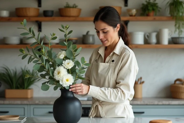 Femme arrangeant un bouquet d'eucalyptus et d'anémones blanches dans un vase en céramique noire sur un ilot de cuisine en marbre