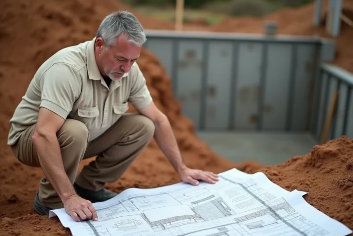 Artisan piscinist examinant des plans de construction d'une piscine enterrée sur un chantier en cours