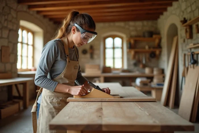 Artisane menuisière rabotant une planche de chêne dans un atelier de menuiserie traditionnel en France