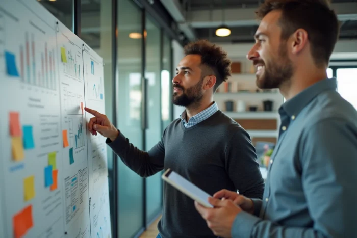 Deux associés en train de planifier la stratégie de développement de leur entreprise sur un tableau blanc