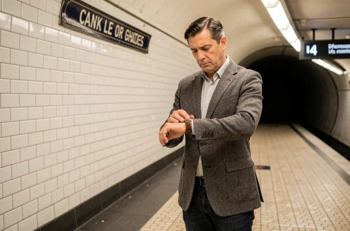 Homme attendant le métro ligne 4 sur le quai d'une station parisienne en vérifiant l'heure