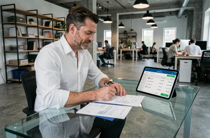Auto-entrepreneur gérant ses factures sur tablette dans un espace de coworking moderne