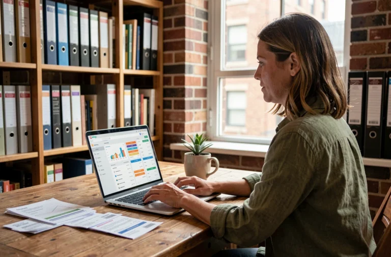 Auto-entrepreneuse utilisant un logiciel de facturation sur son ordinateur portable dans un bureau à domicile