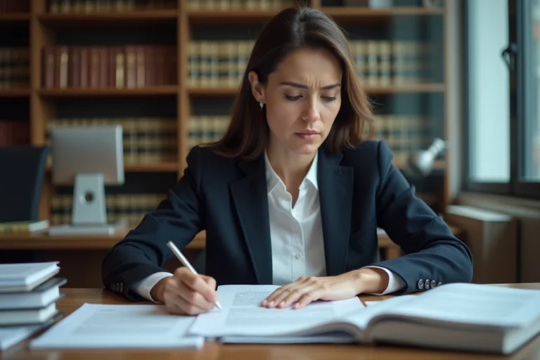 Avocate examinant des documents juridiques liés aux risques légaux des fuites de données numériques