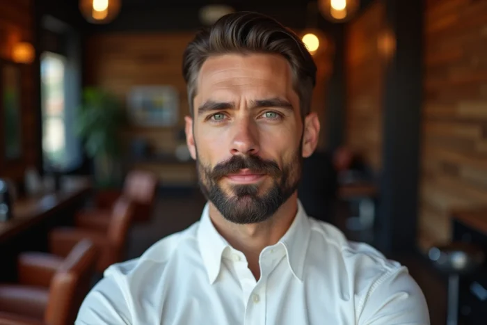 Homme aux cheveux courts arborant une barbe Van Dyke bien taillée dans un salon de barbier moderne