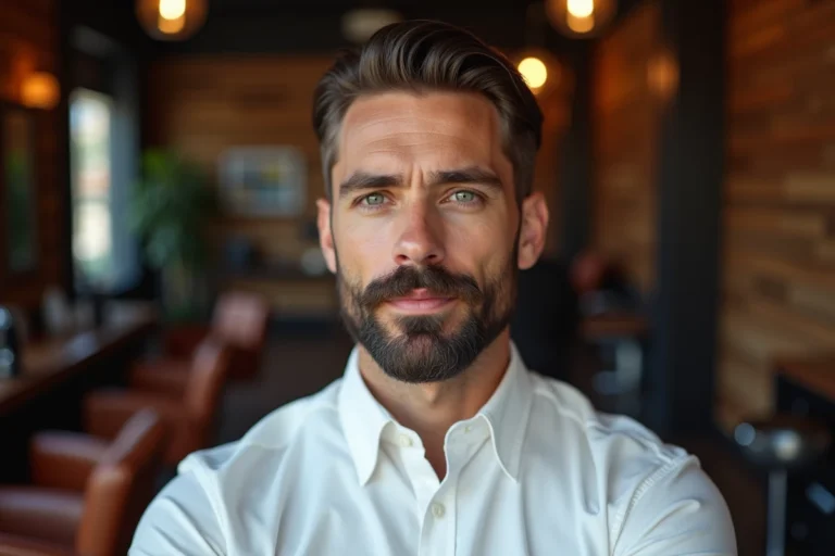 Homme aux cheveux courts arborant une barbe Van Dyke bien taillée dans un salon de barbier moderne