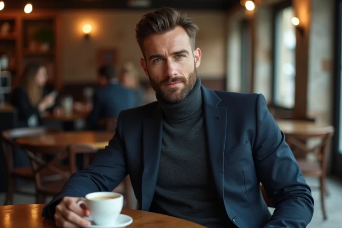 Homme élégant avec une barbe Van Dyke assis dans un café parisien portant un blazer marine