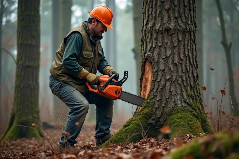 Bûcheron professionnel en train d'abattre un chêne avec une tronçonneuse dans une forêt française