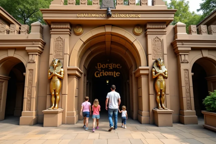 L'entrée monumentale à thème égyptien de l'attraction Challenge of Tutankhamon avec une famille de visiteurs à Walibi Belgique