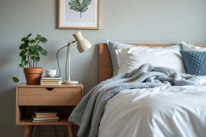 Coin chambre cosy en hiver avec table de chevet en bois, plante pothos, livres empilés et literie en coton blanc et bleu poudré