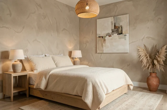 Chambre minimaliste moderne avec literie en bouclé ivoire, mur en enduit à la chaux et décoration en rotin et terre cuite
