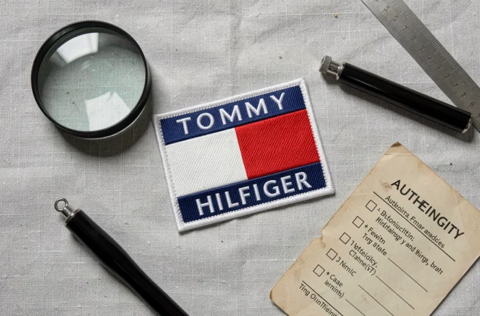 Vue à plat d'un sac Tommy Hilfiger avec loupe et checklist d'authenticité pour vérifier les signes de contrefaçon