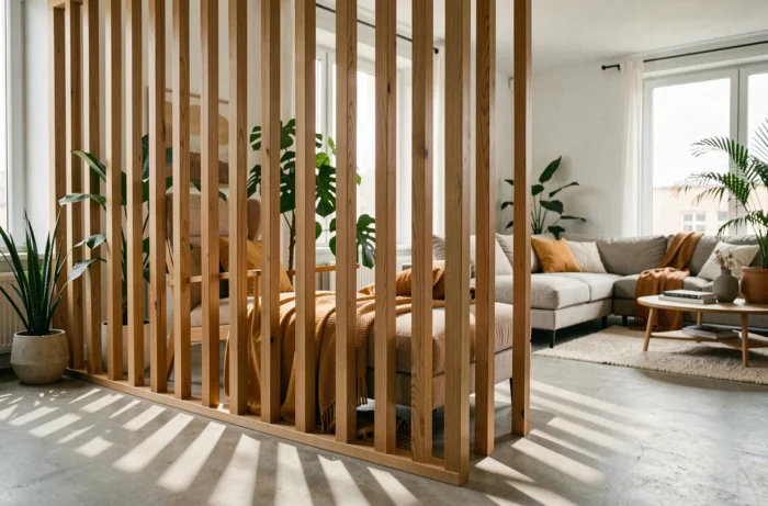 Claustra en bois à lattes verticales séparant deux espaces de vie dans un appartement contemporain français