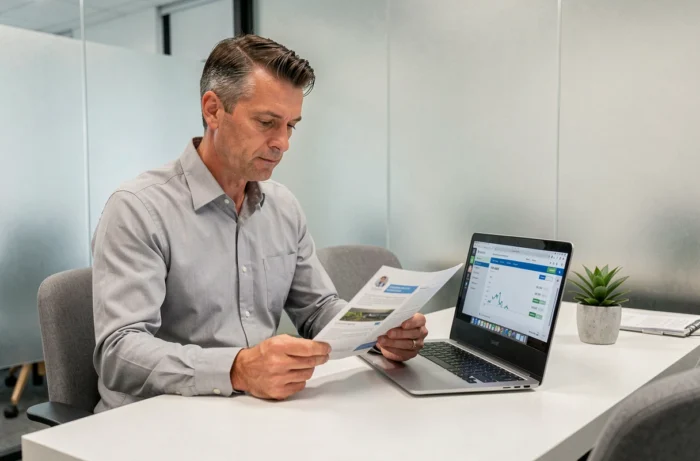 Client consultant un document dans un bureau de conseil du centre financier La Banque Postale La Source
