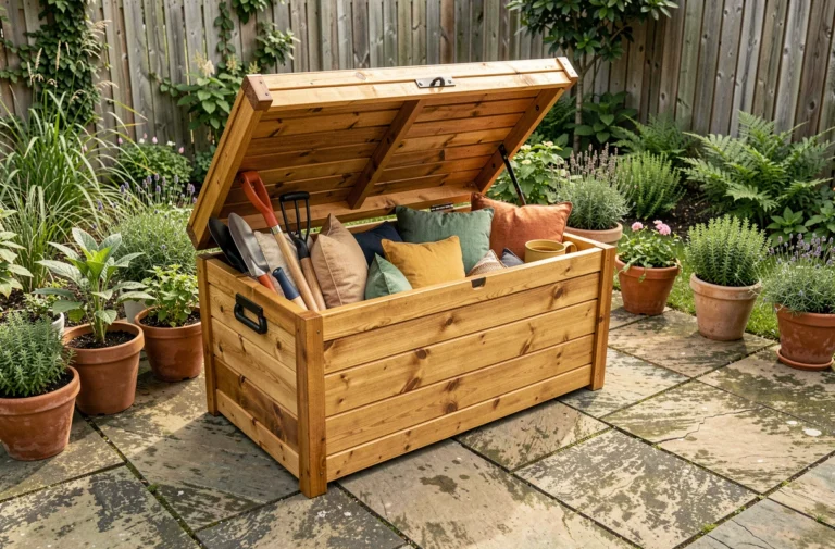Coffre de jardin en bois ouvert sur une terrasse en pierre avec outils et coussins rangés à l'intérieur, entouré de plantes vertes