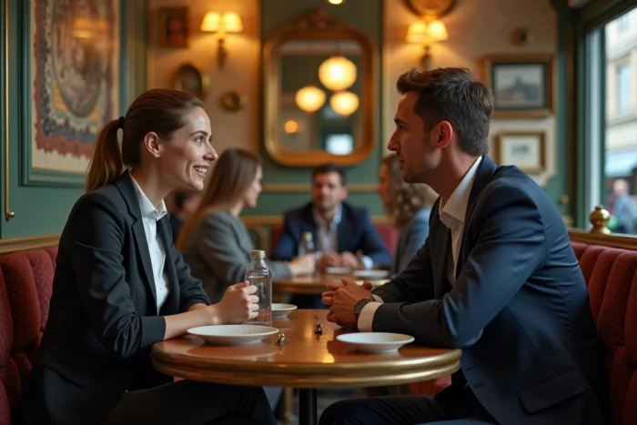 Deux collègues dans une brasserie parisienne lors d'une réaction émotionnelle vive, illustrant la psychologie derrière l'expression être soupe au lait