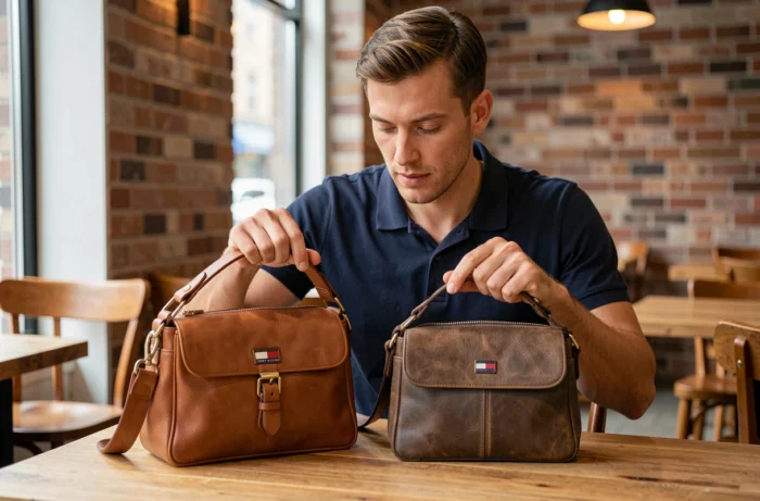 Comparaison côte à côte d'un vrai sac Tommy Hilfiger et d'une contrefaçon pour identifier les différences de qualité