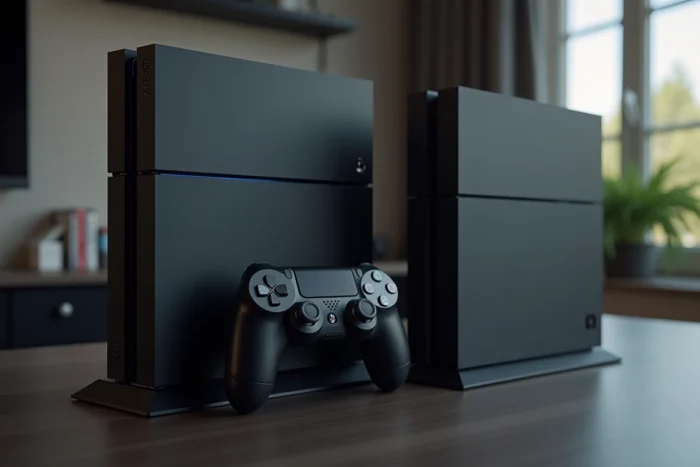 Comparaison côte à côte de la PS4 standard et de la PS4 Slim posées sur un bureau gaming