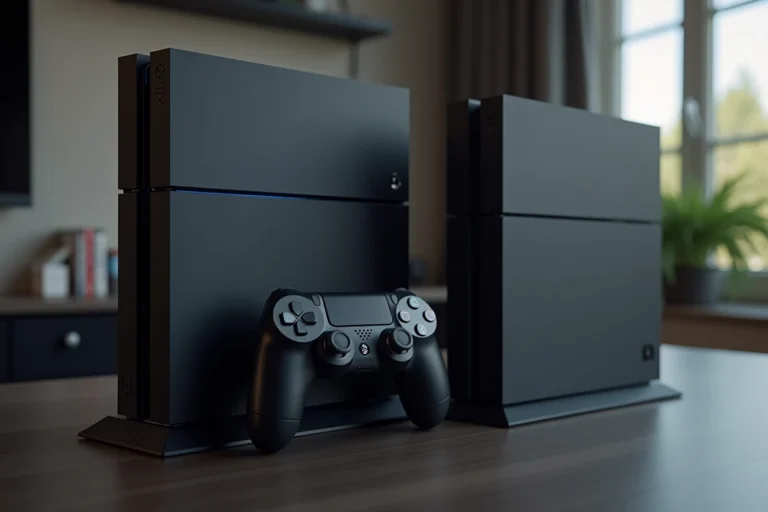 Comparaison côte à côte de la PS4 standard et de la PS4 Slim posées sur un bureau gaming