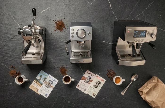 Vue de dessus comparant trois types de machines à espresso sur une surface en ardoise avec accessoires café et grains torréfiés
