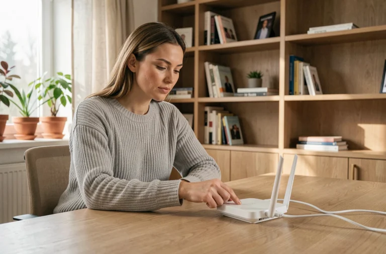 Femme connectant un câble Ethernet à un routeur Wi-Fi dans un bureau à domicile moderne