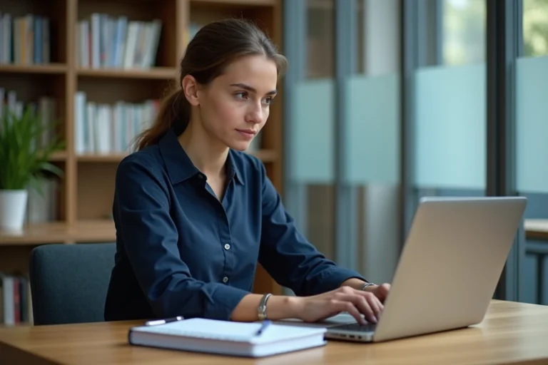 Étudiante connectée à la messagerie académique Nancy-Metz sur un ordinateur portable dans un bureau universitaire