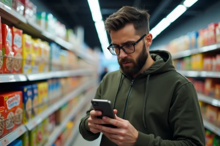 Consommateur utilisant l'application Yuka pour évaluer des produits dans un supermarché