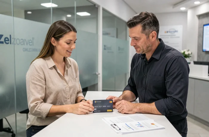 Deux professionnels discutant des avantages d'une carte premium dans une agence bancaire moderne