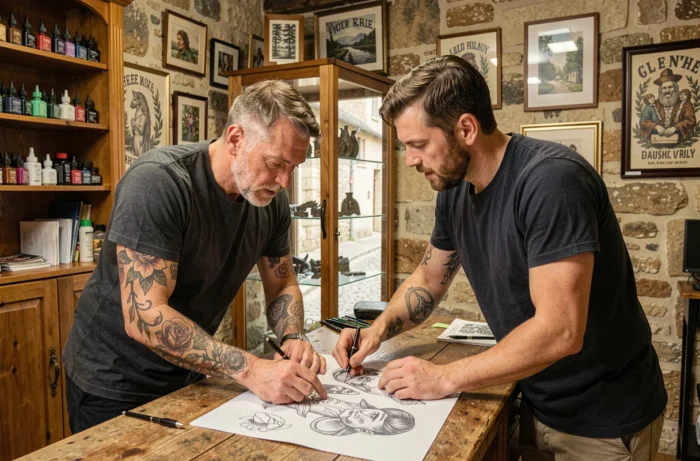 Client et tatoueur discutant d'un projet de tatouage sur un dessin dans une boutique indépendante au cœur de Gaillac