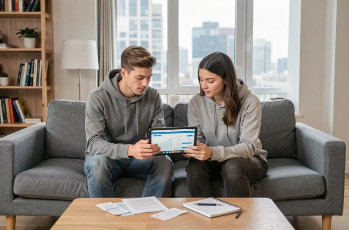Jeune couple consultant une application de finances personnelles sur tablette dans leur salon urbain moderne