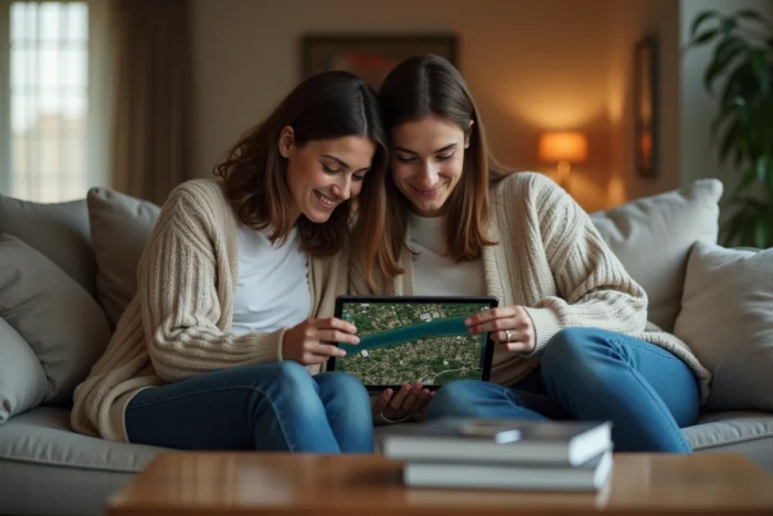 Couple explorant une application de visualisation satellite de leur quartier sur une tablette dans leur salon