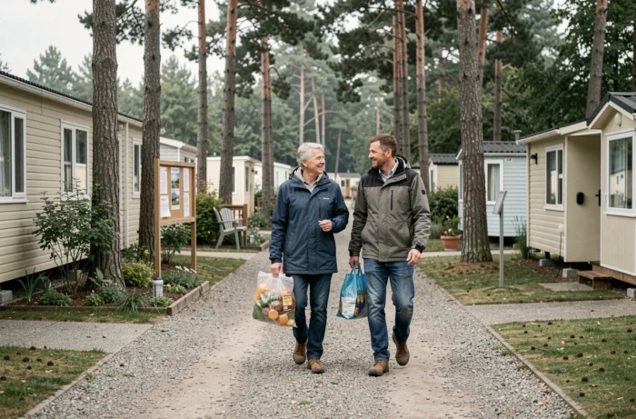 Couple vivant à l'année dans un camping résidentiel se promenant entre les mobil-homes lors d'une journée ordinaire