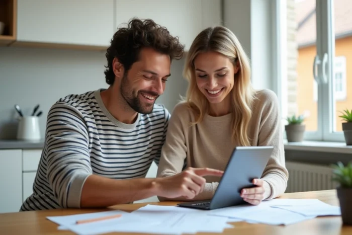Couple consultant ensemble une plateforme de paiement immobilier en ligne depuis leur cuisine
