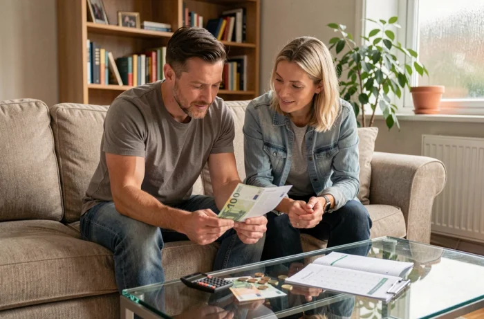 Couple planifiant leur budget familial avec des billets, des pièces et un calculateur posés sur une table basse dans un salon