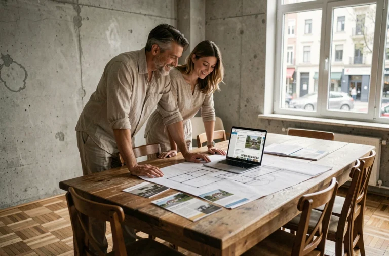 Couple étudiant des plans architecturaux et des brochures immobilières sur une table en bois dans un appartement moderne