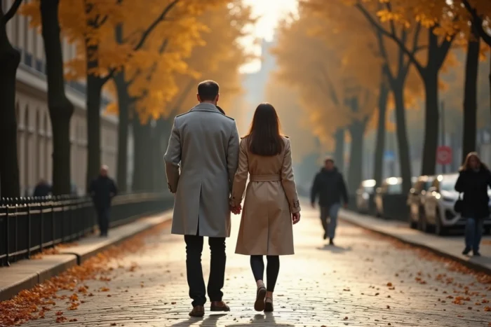 Couple discret se promenant main dans la main dans une rue parisienne en automne, évoquant une relation amoureuse préservée des regards