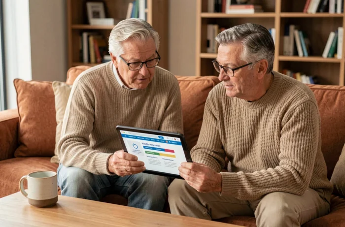 Couple de seniors consultant une comparaison de mutuelles santé sur une tablette dans leur salon, pour optimiser leur couverture santé en 2024