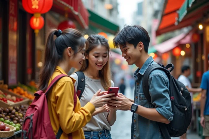 Couple de voyageurs utilisant un traducteur instantané pour communiquer avec un vendeur dans un marché asiatique