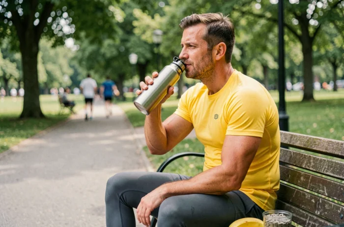 Coureur se reposant dans un parc après une course matinale avec des aliments riches en magnésium comme la banane et les graines